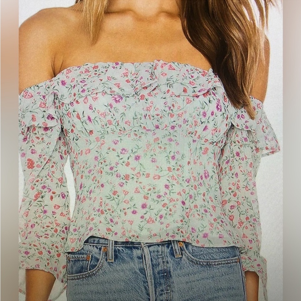 Lovers + Friends Green and Pink Revolve Farren Floral Print Off Shoulder Blouse